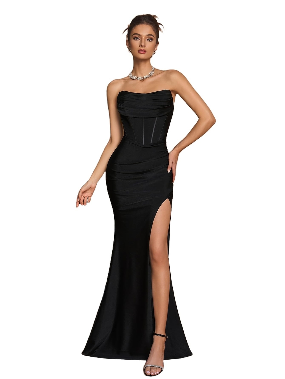 Strapless Black Evening Gown with Side Slit